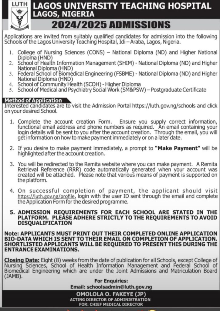 LAGOS UNIVERSITY TEACHING HOSPITAL (LUTH) RELEASES ADMISSION FORMS FOR ...