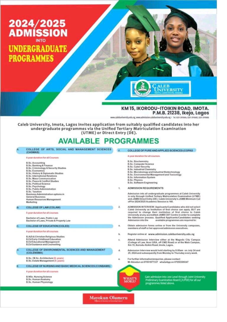 CALEB UNIVERSITY RELEASES 2024/2025 POST-UTME FORM