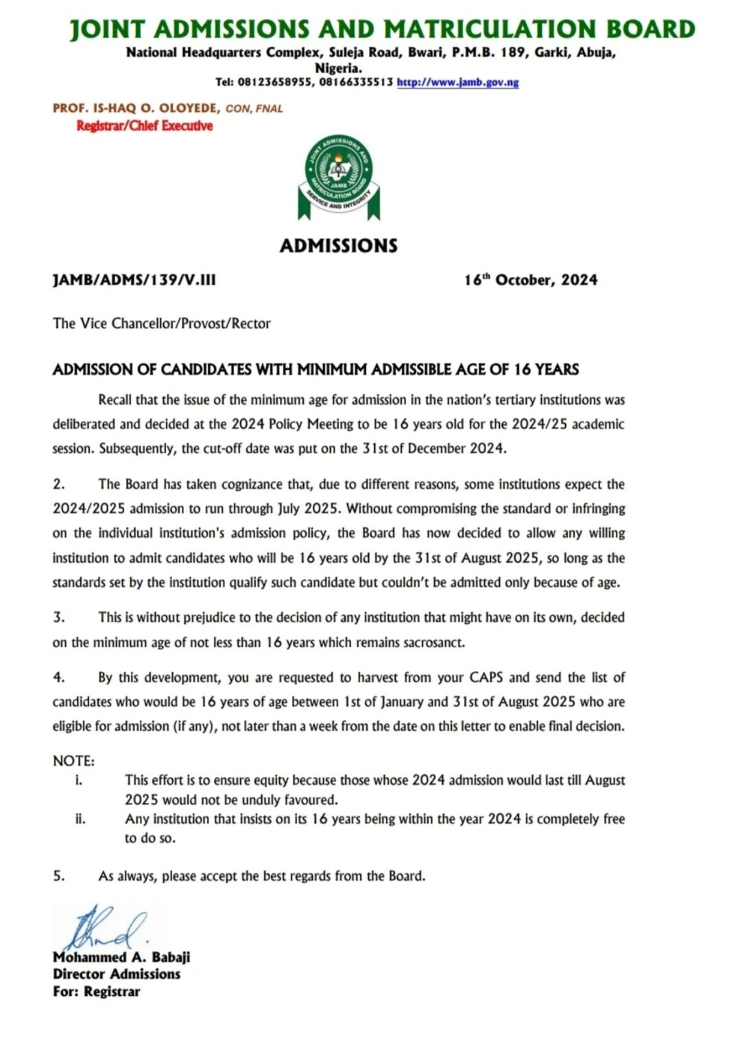MINIMUM AGE JAMB ISSUES IMPORTANT ON 2024/2025 ADMISSION Team Babs